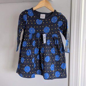 Hanna Andersson Long Sleeve Blue Playdress Gold Polka Dots 80 18-24 months NWT